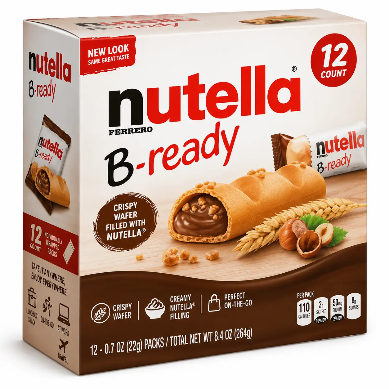 Nutella B-Ready Crispy Wafer Bars, 0.7 oz Individual Packs (12 Count) – Crispy Wafers Filled with Nutella Hazelnut Spread & Cocoa, Ready-to-Eat Snack Bars
