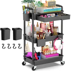 3 Tier Rolling Utility Cart Organizer with Removable Drawer, Stable and Sturdy Black Rolling Storage Carts with 2 Lockable Wheels for Bathroom, Kitchen, Snack, Craft, Makeup, Essentials