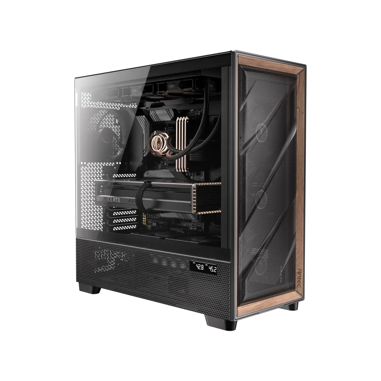Antec Flux Pro, 6 x PWM Fans Included, High-Airflow Front Panel with Walnut Wood, iShift PSU 90° Mount, USB3.0 x 2, Type-C, 420mm Radiator Support, Temp. Display, Full-Tower E-ATX PC Case
