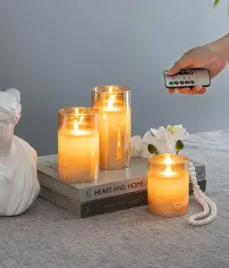 S/3 Real Flame-Effect LED Wax Candles Light With Remote Timer, Amber L:D3x6" M:D3x5" S:D3x4"