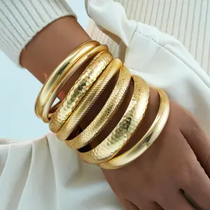 Gold Bangle Bracelets for Women, 7Pcs 14K Gold Plated Boho Indian Multi Stackable Textured Bracelets, Chunky Bangles Set for Women Jewelry Gifts