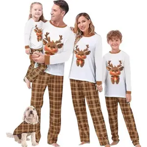 Family Christmas Pajamas Matching Set 2pcs Clothes Christmas Elk Print Long-Sleeve Tee Tops ＋Loose Plaid Pants Sleepwear Holiday Festival Set For Adult, Kid, Baby, Dog