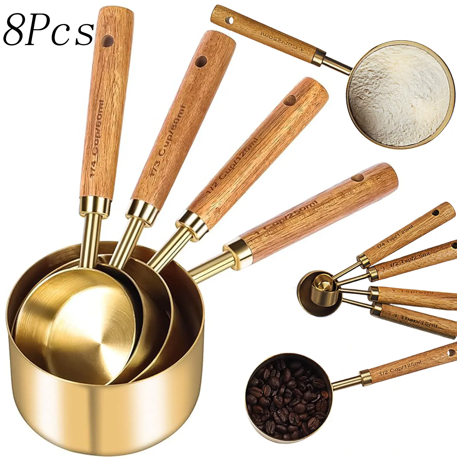 8 Pcs Stainless Steel Measuring Cups Set with Wood Handles - TikTok Shop