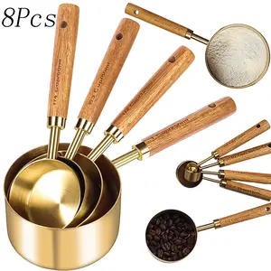 8 Pcs Stainless Steel Measuring Cups with Wood Handles,Golden Measuring Cups and Spoons Set,Stackable Wooden Measuring Cups with Measurements,Kitchen for Cooking,Baking