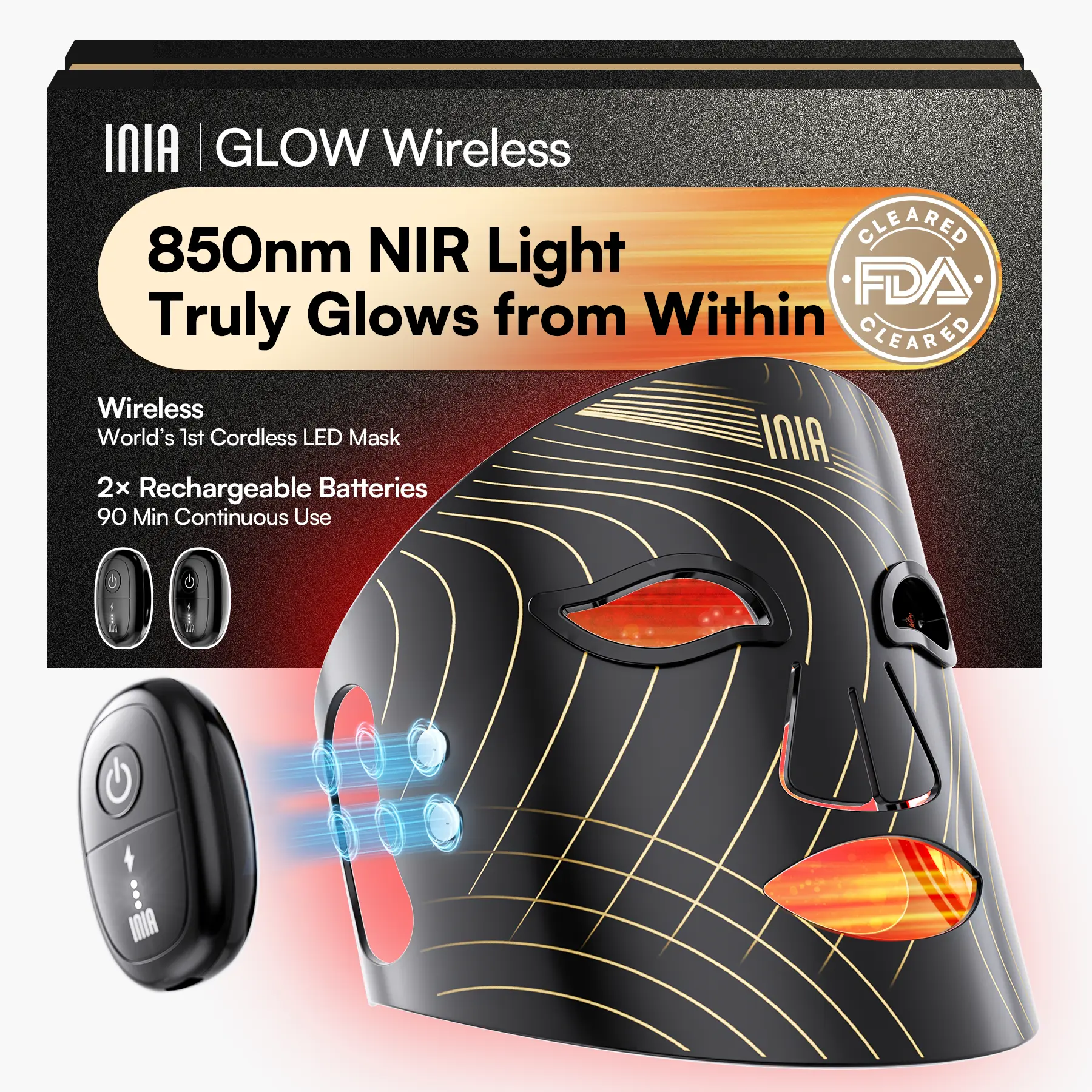 INIA GLOW Wireless LED Face Mask-with Red Light Therapy, 2-Year Warranty, Portable and Rechargeable for LED Facial Mask Skincare at Home and Travel, Summer Beauty Gift Ideas