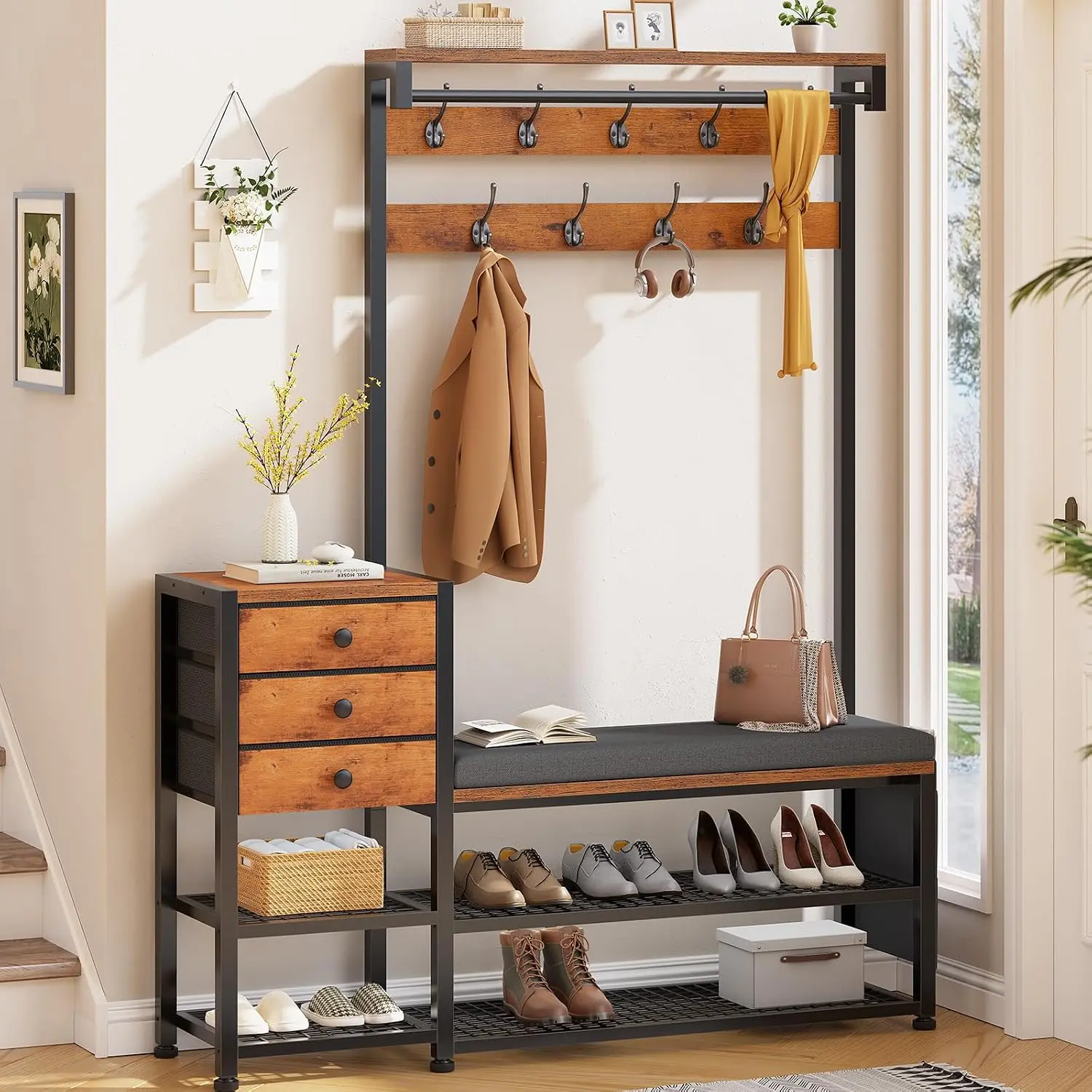 Itaar Coat Rack, Hall Tree with Bench and Shoe Storage, 7-in-1 Entryway Bench with Soft Cushion, Storage Bag, 3 Fabric Drawers