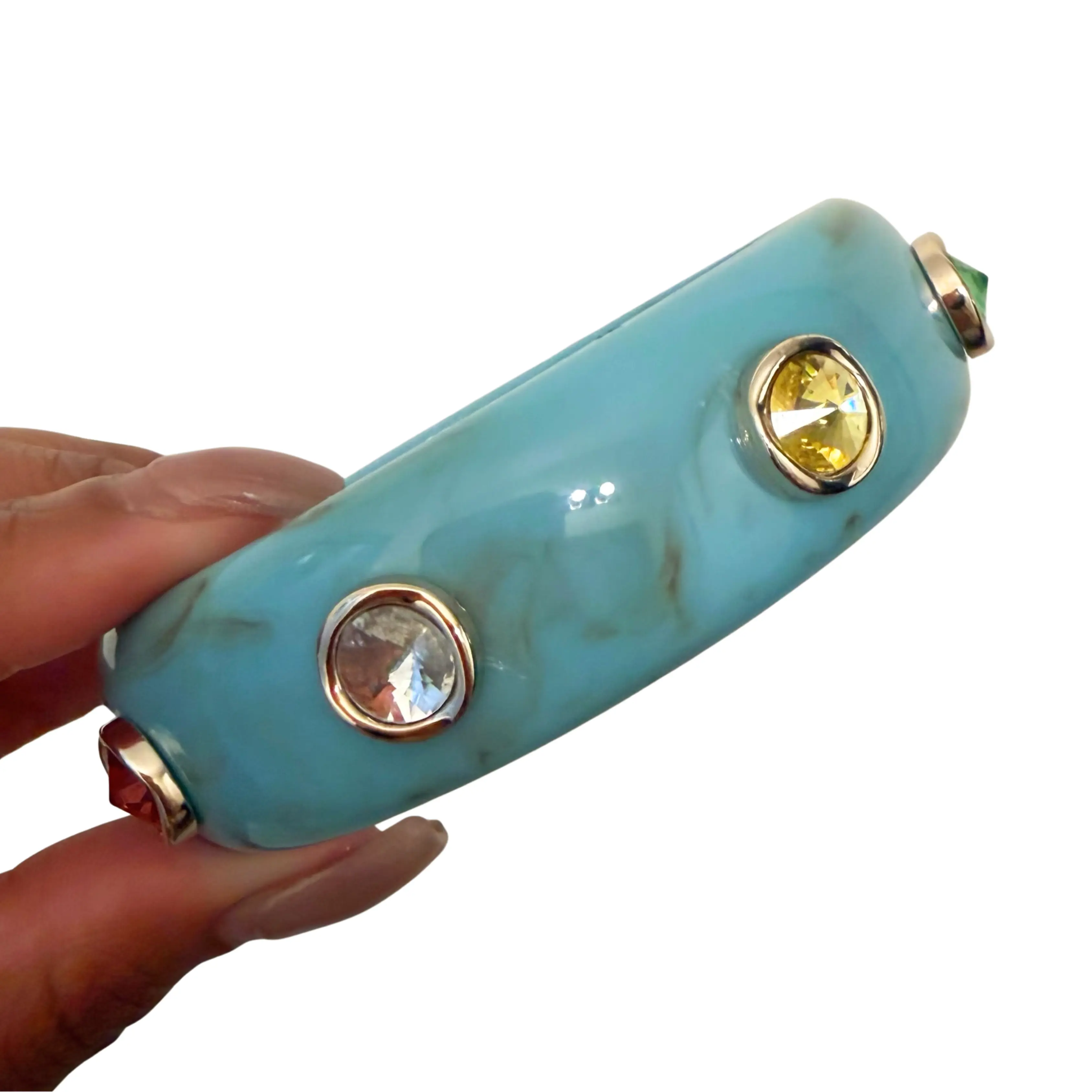 Blue Diamond Studded Bangle - Premium Marbled Resin with Gold-Plated Gem Settings & Multi-Colored Faceted Gemstones for Bold Artistic Jewelry