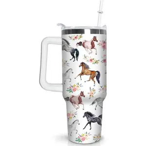 40 oz Reusable Floral Stainless Steel Vacuum Insulated Horse Tumbler Mug - Glassware Drinkware, Portable Coffee Water Bottle Flask with Handle, Straw, Lid, Strong Insulation, Horse Decor Accessory, Women's Birthday Gift
