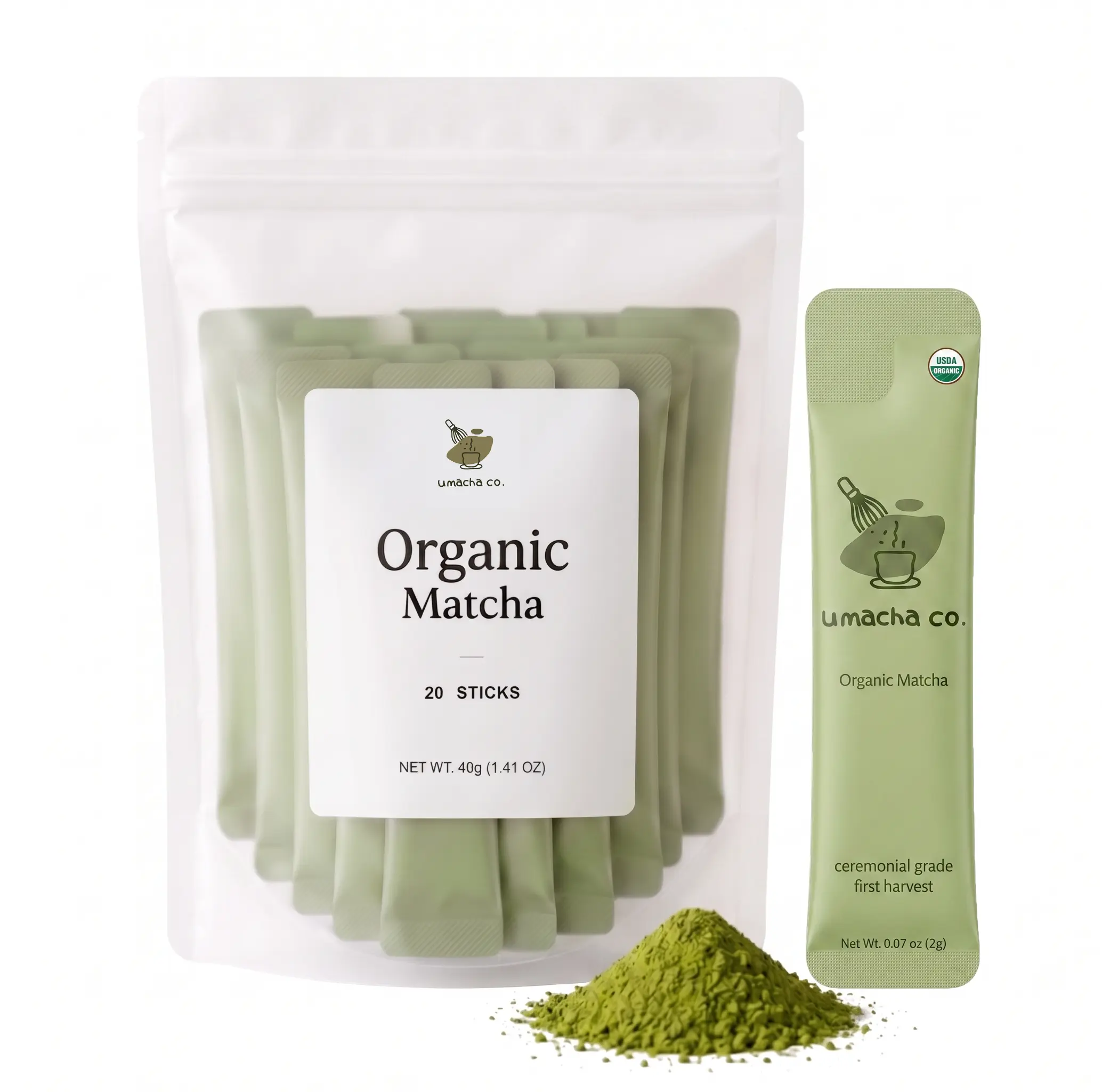 Umacha Co.40g Organic Matcha sticks 20 Single-Serve Sticks (40g) Ceremonial Grade First Harvest Matcha Green Tea Powder USDA Organic Premium JAP Superfood