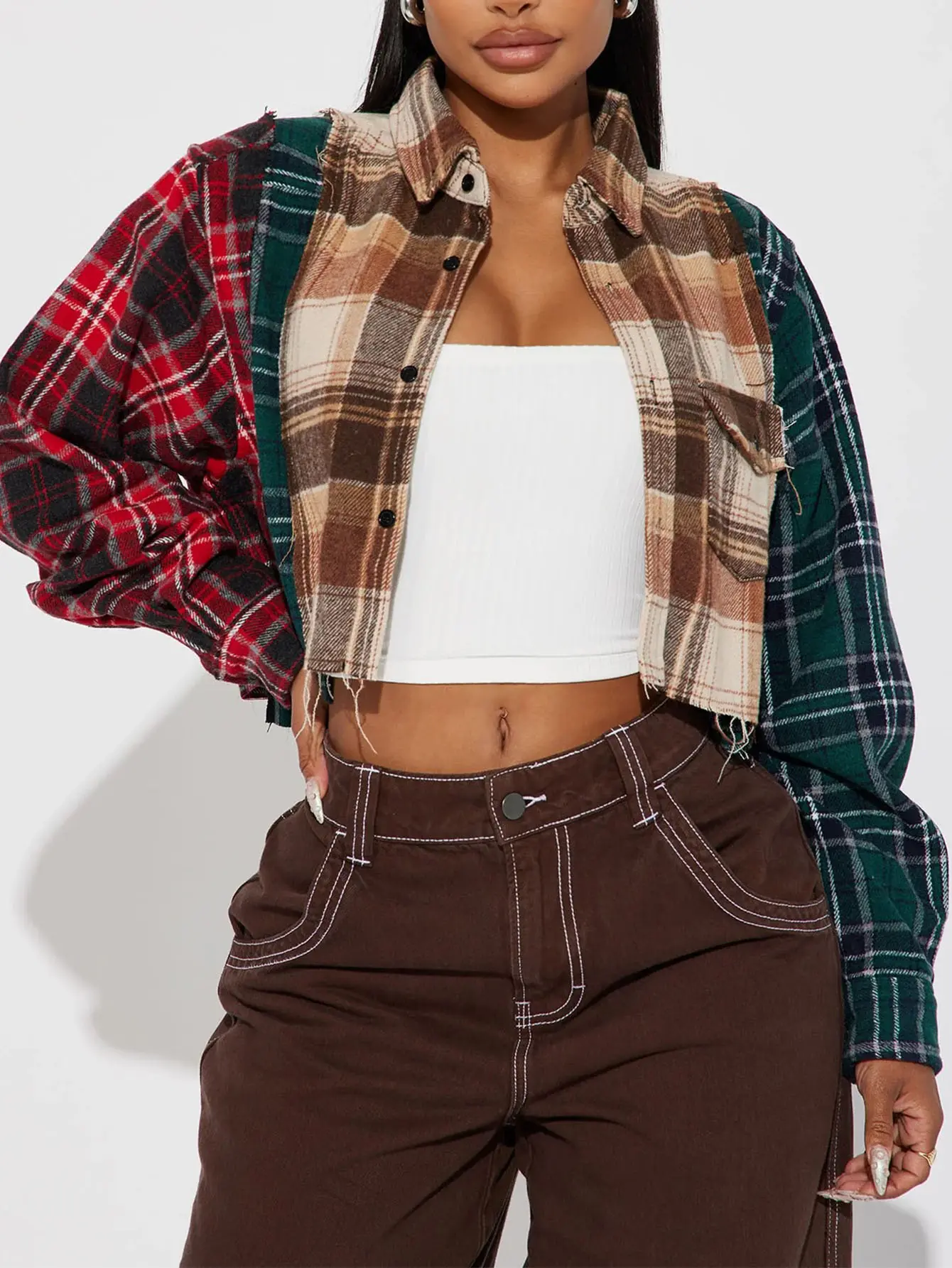 Women's Cropped Plaid Shirt, Vintage Patchwork Button-Up Top with a Raw Edge Hem, an Easy to Layer and Mix-Match Piece, Long Sleeve, Fabric, Casual