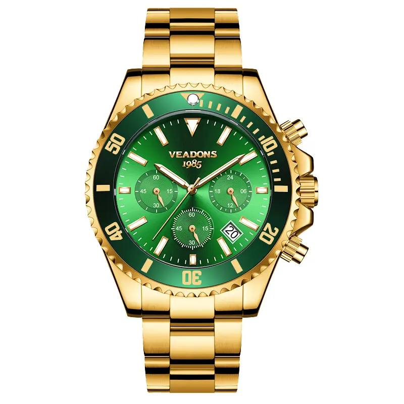 Veadons Men's Luxury Dress Watch, Green Dial, 40mm Stainless Steel Strap, Rotating Quartz Analog, Waterproof Luminous Large Dial Boss Wristwatch summer business trendy choice