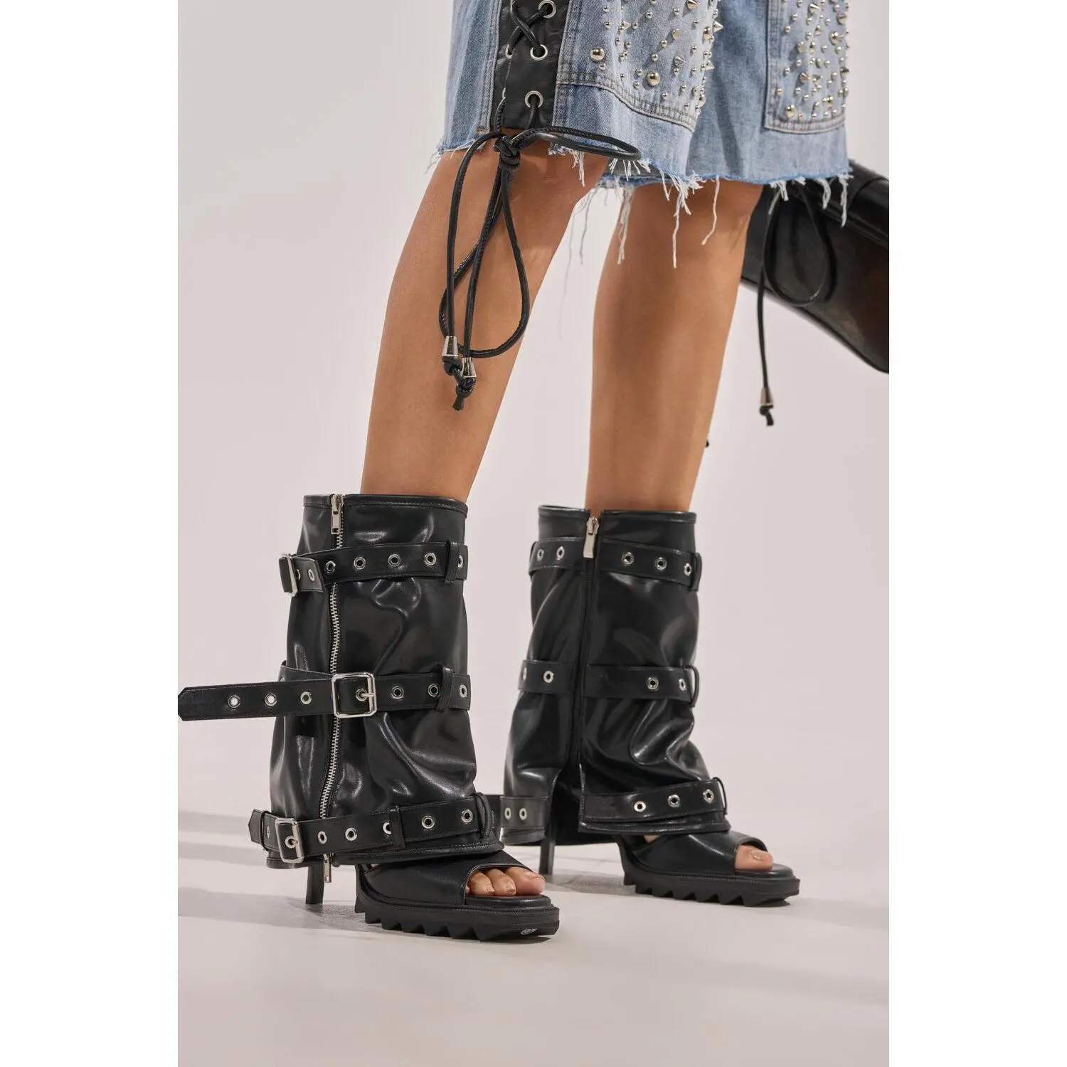 AZALEA WANG AMES BLACK PU HARDWARE EMBELLISHED STILETTO BOOTIE