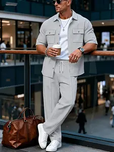 New Men's Casual Gingham Workwear Jacket, Collared Top, Long Pants, Short Sleeves, Two-Piece Set, Spring & Fall Fashion