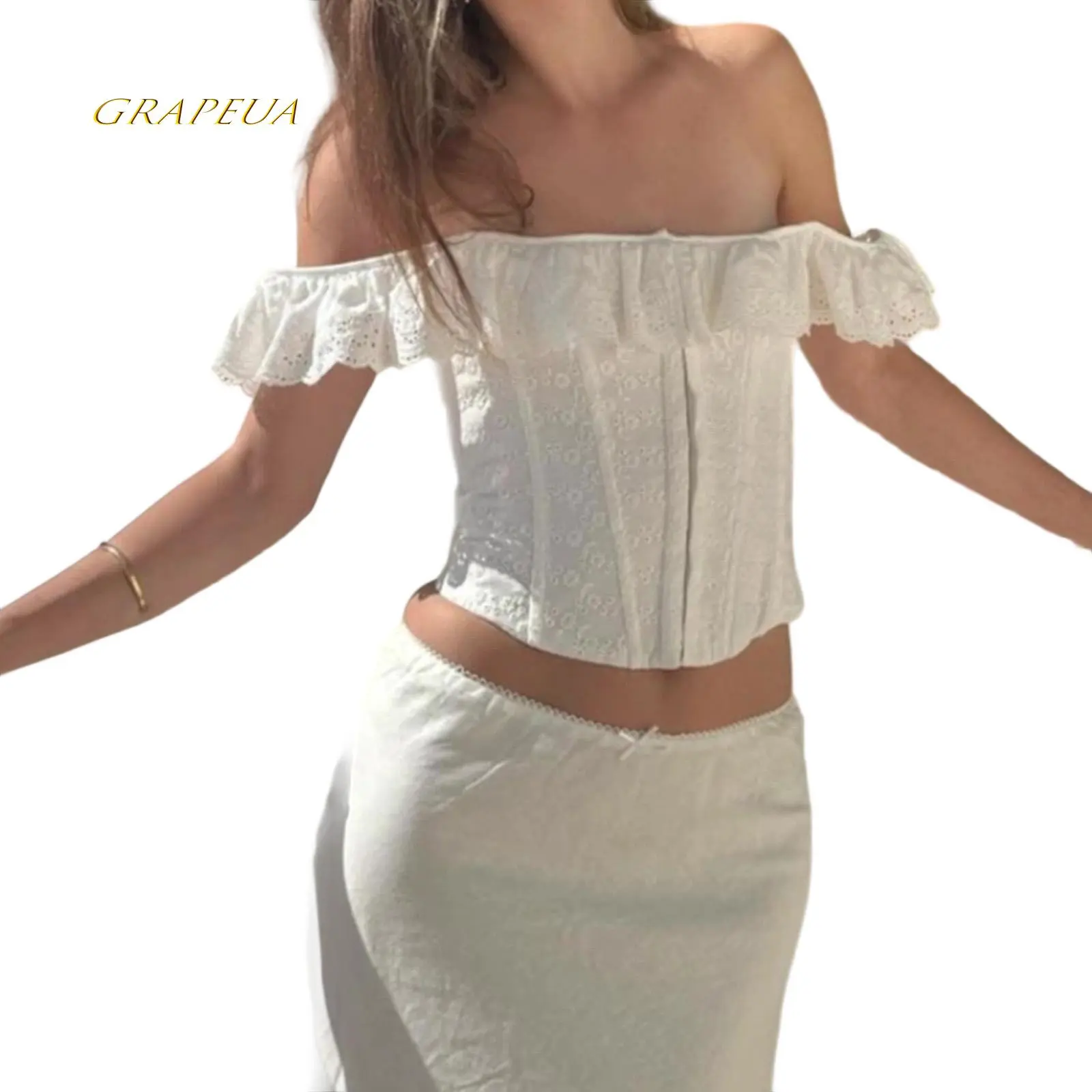 Off-Shoulder Corset Tops for Women, Streetwear Style Polyester Fashion Apparel with Eyelet Details, Ruffle Accents and Tie-Up Back, Shirts, Elegant, Crop, Classy Going Out Top, Polyester Blend, Ruffled Accents, Elastane, Corset Shirt, Blouse, Casual, Fron