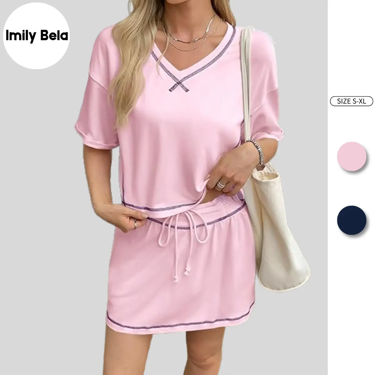 Imily Bela Womens 2 Piece Skirt Set Summer Short Sleeve Tops Tennis Skirts Casual Sweatsuits Vacation Outfits Lounge Sets