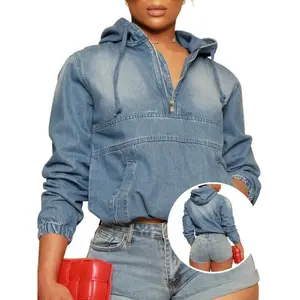 Women’s Half-Zip Denim Hoodie Pullover Jacket Jean Tops Casual