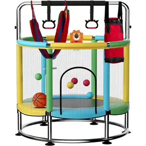 55" Trampoline for ,Up to 440 Ibs Mini Trampoline with Anti-Rollover Round Bottom,Indoor & Outdoor  Trampoline with Safety Enclosure,Adjustable Gymnastics Bars,Basketball Hoop