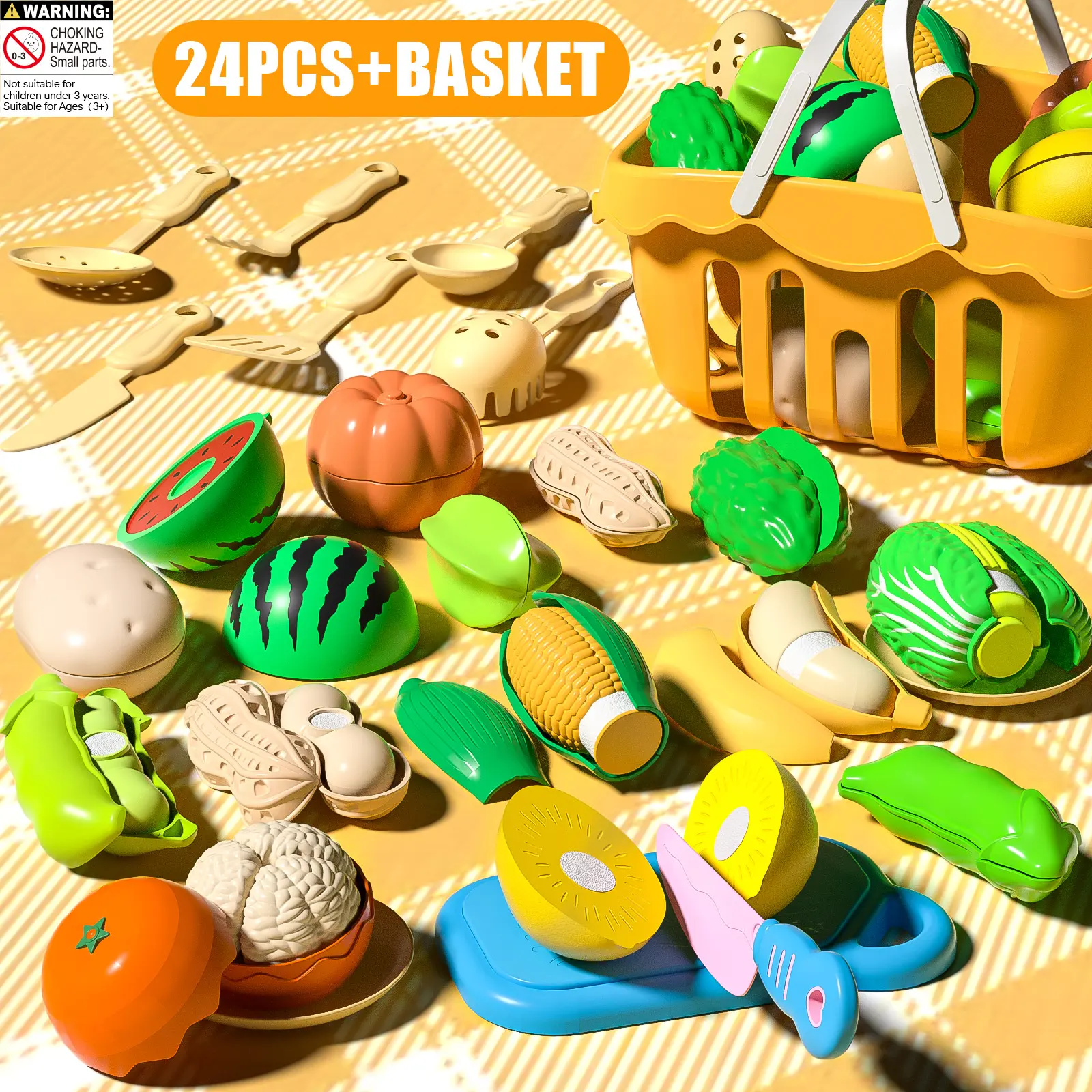 AIBEIQITOY 24PCS Pretend Play Cutting Food Toy Set - Toddler Kitchen Toy with Basket, Fruits, Vegetables for Ages 3+