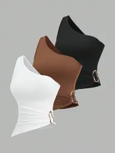 3 Piece Women's Fashionable Comfortable Casual One-Shoulder Set, Asymmetrical Hem Pleated Design with Unique Decorative Buttons