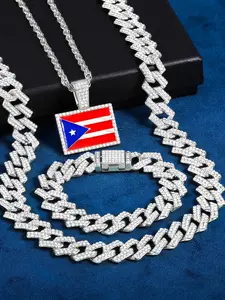 Puerto Rico Flag Shaped Pendant Cuban Chain Necklace & Bracelet, Fashion Jewelry for Party, Daily Clothing Decor, Trendy Exquisite Jewelry for Birthday Gift