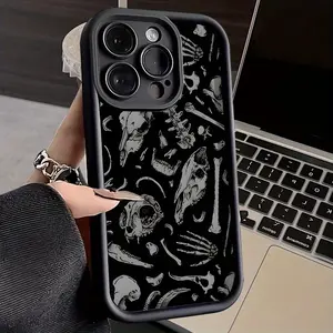 Skull Pattern TPU Case for iPhone 17/16/15/14/13/12/11 Pro Max/Pro/Plus/Air Anti-Slip Shockproof Full Camera Protection Black Casing