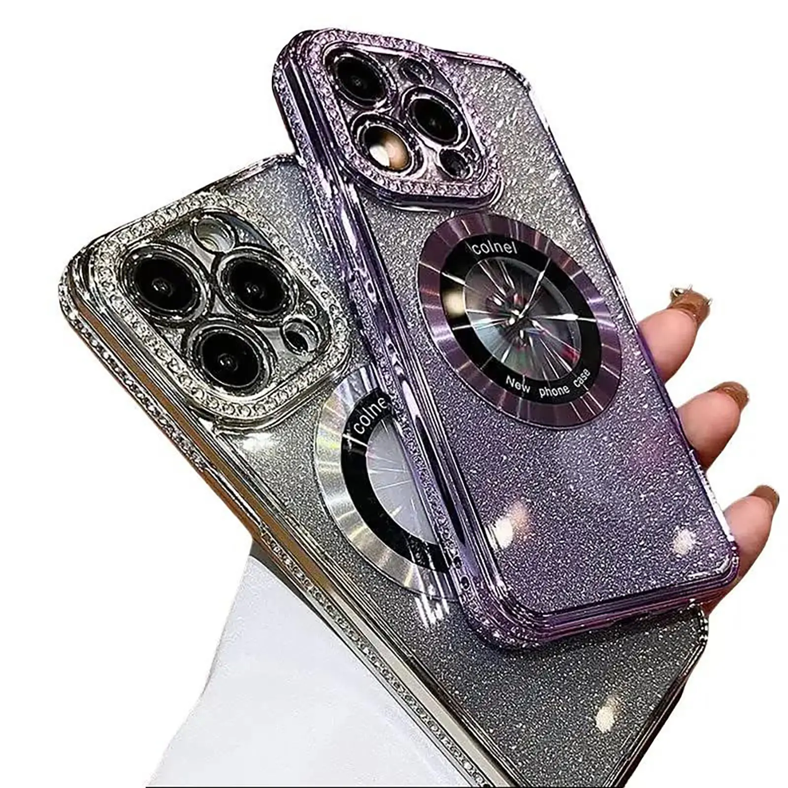 Glitter Gradient Transparent Phone Case for iPhone 11 12 13 14 15 16 Pro Max Plus | Magnetic Diamond Protector with Logo View, MagSafe Compatible