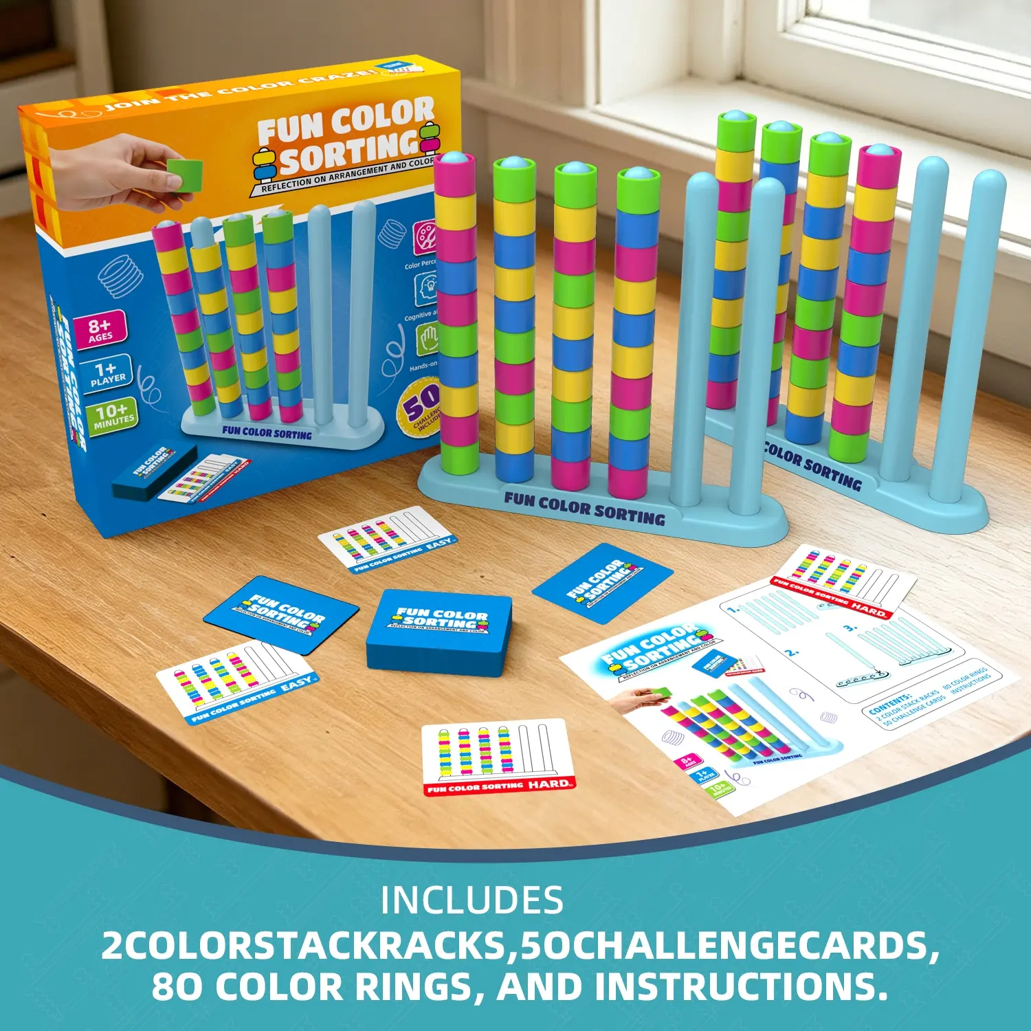 Color Matching Challenge Game Set, Includes Stacking Frames, Challenge Cards, Colorful Rings, Safe Material, Smooth Edges, Ages 8+, Family Fun Gift