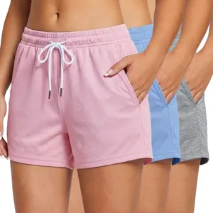 Women’s casual athletic shorts, 3-pack for spring/summer; solid-color drawstring-waist shorts; women’s sports shorts for running, training, fitness, outdoor beach wear; elastic-waist shorts for women