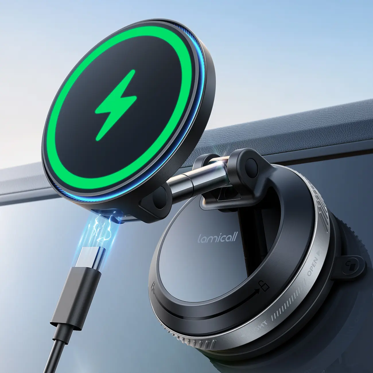 Lamicall MagSafe Car Mount Charger - Dual USB-C Ports, Suction Cup Dashboard Wireless Charger, Cordless Car Gadget, Vacuum Magnetic Hold Phone Holder & Mount, Truck Accessory, for iPhone 17 Pro Max 16 15 14 (Black), Cars Accessories