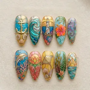 Ocean Press On Nails 3D Dolphin Seahorse Coral Wave Anchor Blue Gold Summer Beach Look
