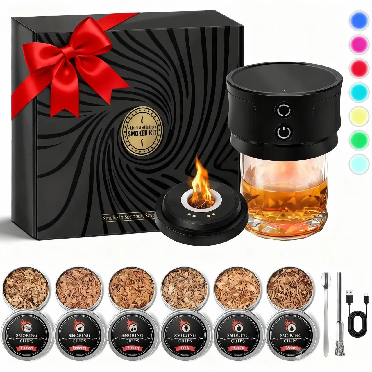 2026 Upgraded Rechargeable Electric Whiskey Smoker Kit - 7 Light Modes, 6 Wood Chips, No Butane, Bar Utensils, Bar Pieces, Cocktail Decorating Supplies, Old Fashioned Drink Tools, Bourbon Gifts for Dads