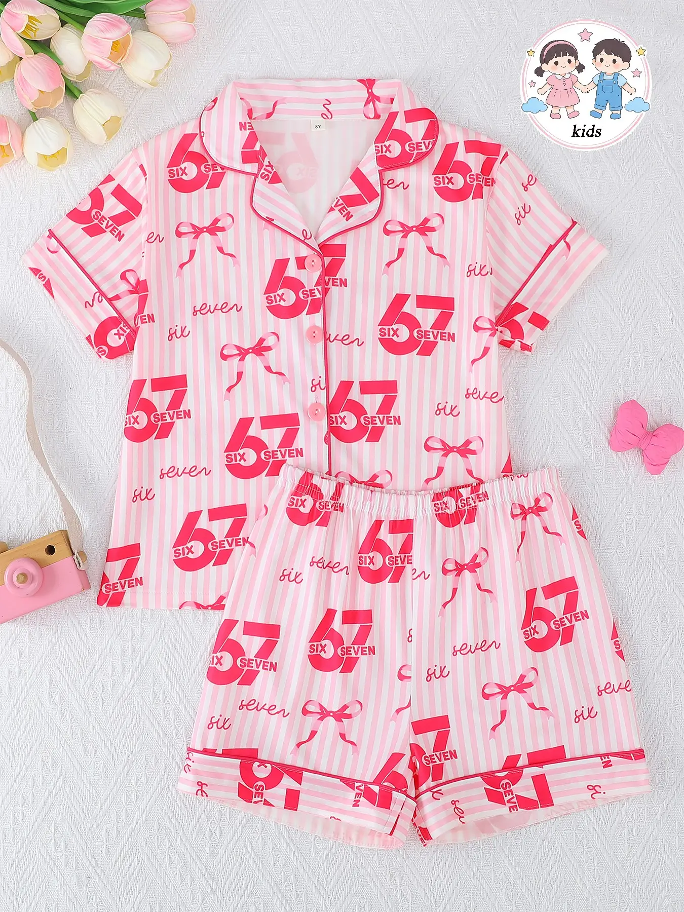 2-Piece Kids Pajama Set, Short Sleeve Button Front Top & Shorts, Casual Striped Digital Print, Girls Medium Large, All Seasons, Striped Pajama Sets, Summer Sleepwear Set, Printed Sleepwear Set, Pj Sets