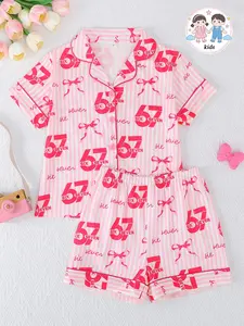 2-Piece Kids Pajama Set, Short Sleeve Button Front Top & Shorts, Casual Striped Digital Print, Girls Medium Large, All Seasons, Striped Pajama Sets