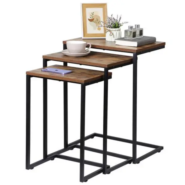 JupiterForce Modern 3-Piece Nesting Rustic Wood Table Set with Metal Legs, Coffee & End Tables for Indoor Living Room Sofa Use, End Table