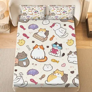 3Pcs Cute Cat Fish  Fitted Sheet Three Piece Set (1*Fitted Sheet+2*Pillowcases, Coreless), Cat Lover theme, Adorable Animal Bedding Set, Mattress protector Soft, Breathable