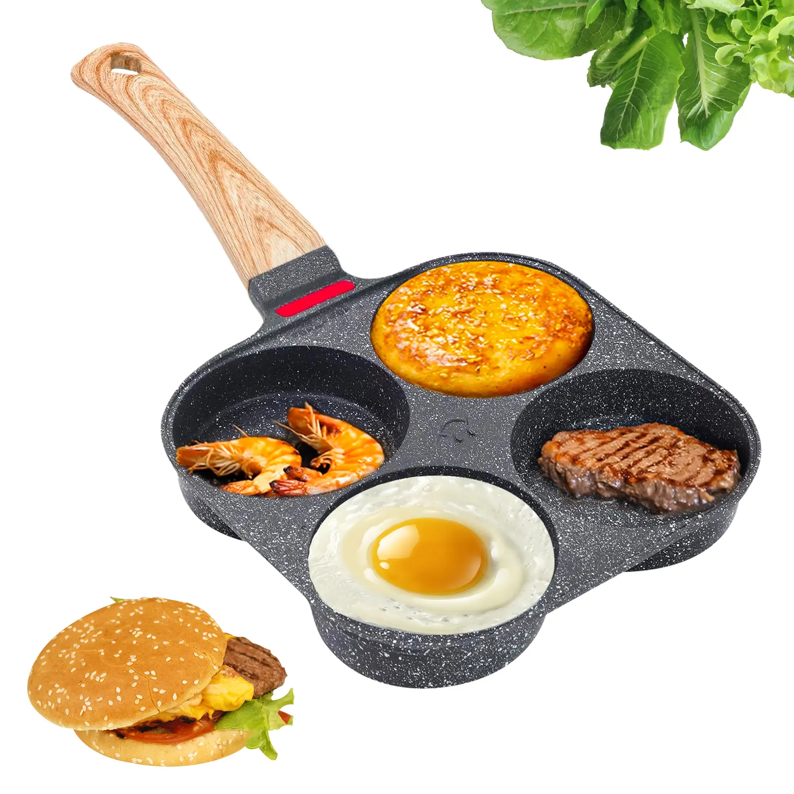 Non-Stick Egg Frying Pan, 4 Holes Skillet With Wooden Handle, Small Frying Pan for Eggs, Omelets, Toast, Pancakes, Crepes, Sandwiches, Breakfast, Easy Clean, Kitchen Gadget, Multifunctional, Birthday
