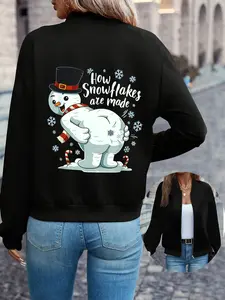Women's Casual Jacket, Christmas Snowman Print, Zipper Closure, Pockets, Easy Care Material, Spring Fall Winter Wear, Fashionable Outerwear