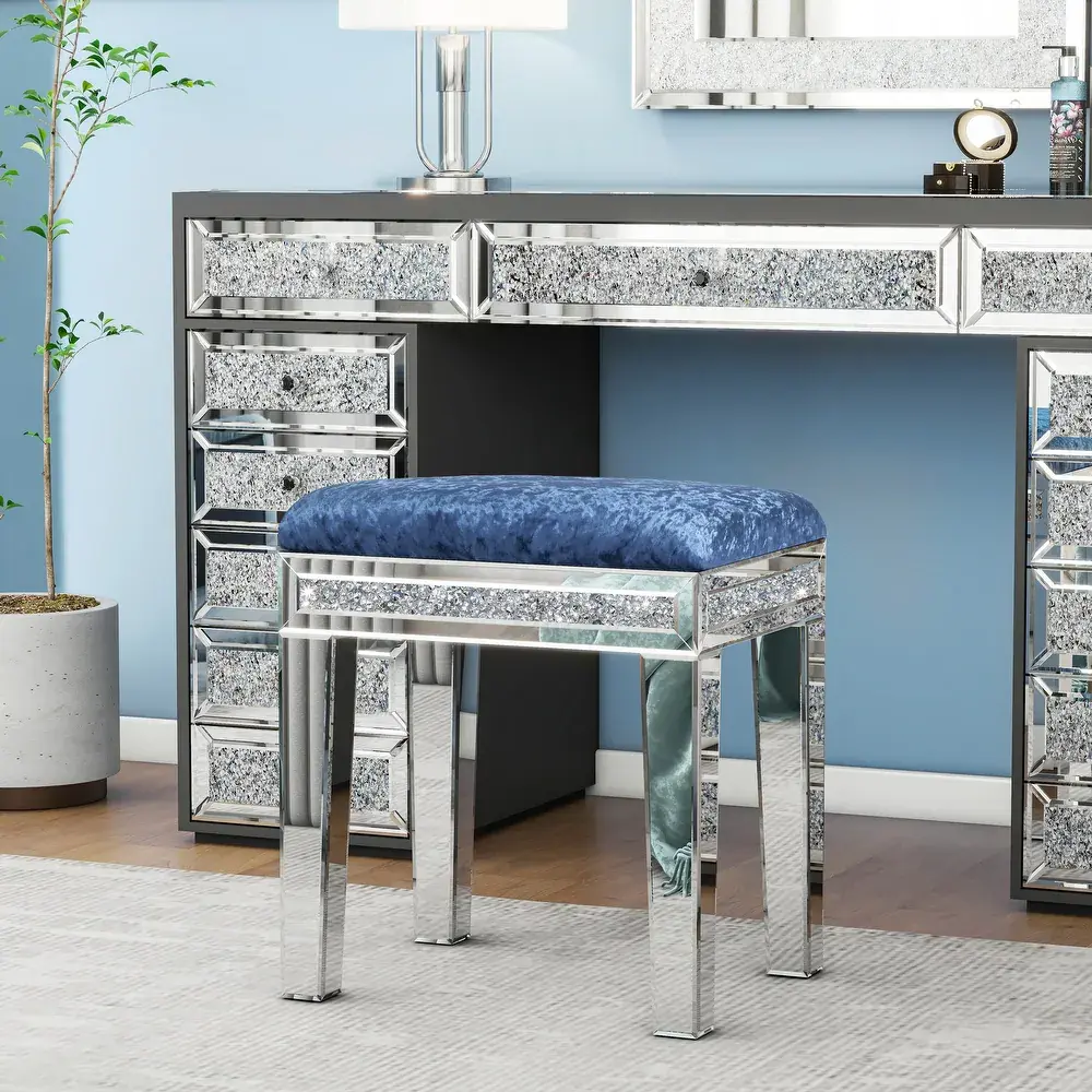 SHYFOY Modern Diamond Design Armless Single Seat Vanity Stool - Velvet Upholstered Cushion, Foam-Padded Comfortable Seat, Glass-Accented Indoor Furniture for Dressing Table, Bathroom, End Of Bed