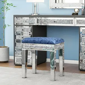 SHYFOY Mirror Diamond Vanity Stool with Velvet Upholstered Seat