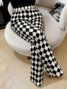 Plus Size Women Vintage Wide Leg Pants, Classic Checkered, High Waist Elastic Waistband, Y2K Style, Casual Wear, Party, Vacation