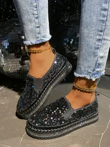 Women's Silver Color Platform Shoes with Rhinestone Decor, Elegant Footwear for Fashion and Daily Wear, Versatile Breathable Design