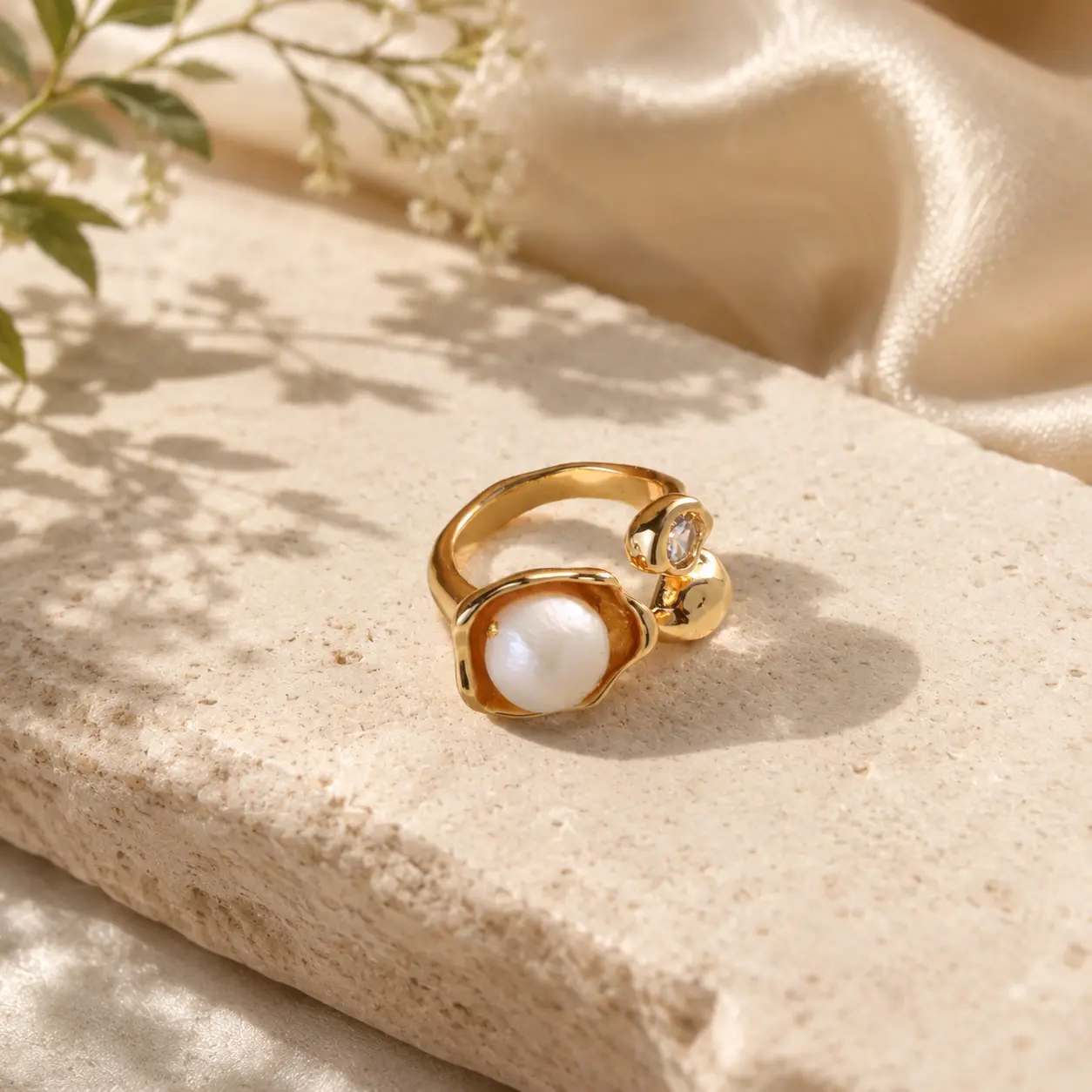 Lumia Atelier Freshwater Baroque Pearl Ring with Zircon Accent, Adjustable Gold Ring, Minimalist Luxury Jewelry for Brunch, Vacation & Special Occasions
