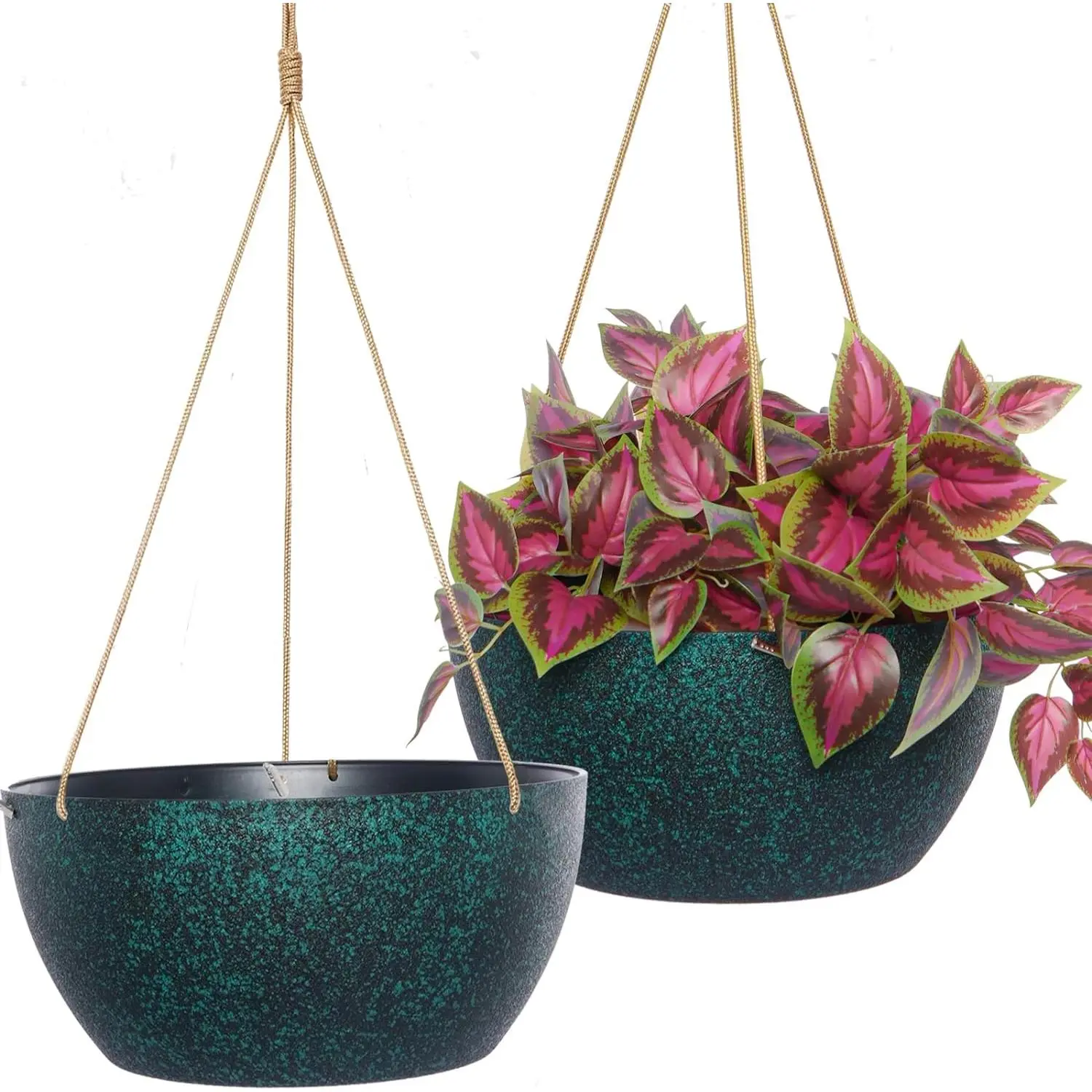 13-Inch Synthetic Breathable Plastic Hanging Baskets (2-Pack) with Adjustable Nylon Hanging Rope - Large Black Speckles Garden Pots, 20 lb Capacity, for Indoor Outdoor Home Improvement Use
