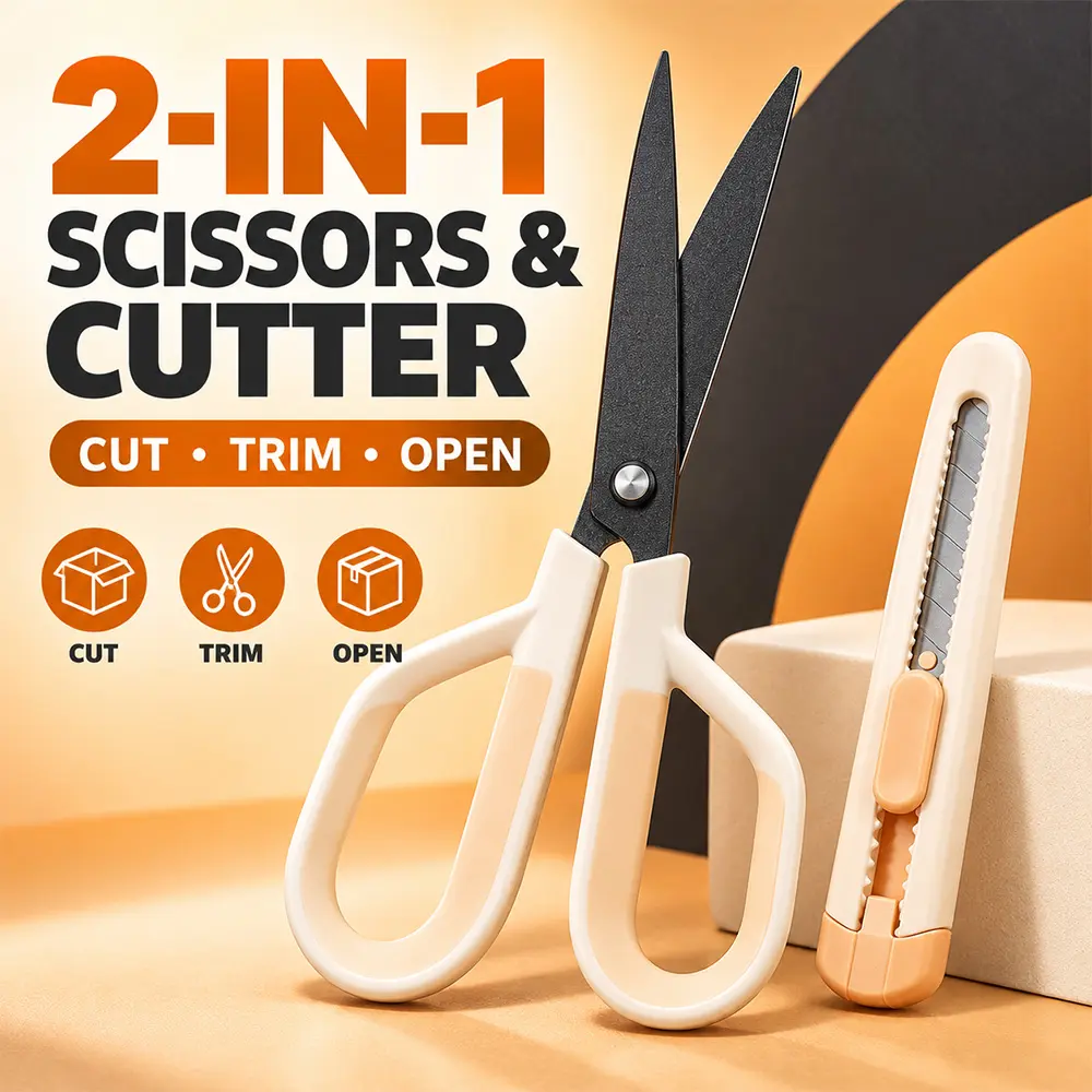 2-in-1 Sewing Scissors with Built-in Utility Cutter, Non-Stick Blades, Soft Rubber Ergonomic Handle, Safety Lock – Compact Sewing Tool for Home DIY Crafts, Parcel Opening