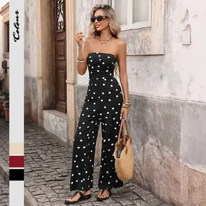 European and American 2026 Summer New Vintage Vacation Jumpsuit Dot Strapless High-Waisted Wide-Leg Long Jumpsuit