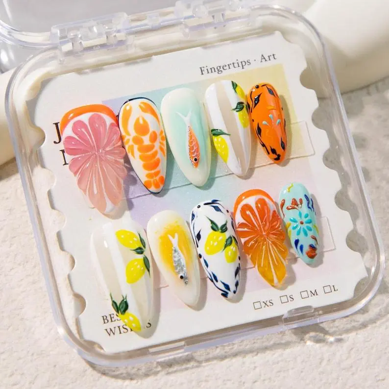 Hand-Painted Tropical Citrus & Fish Press On Nails: Summer Nail Art