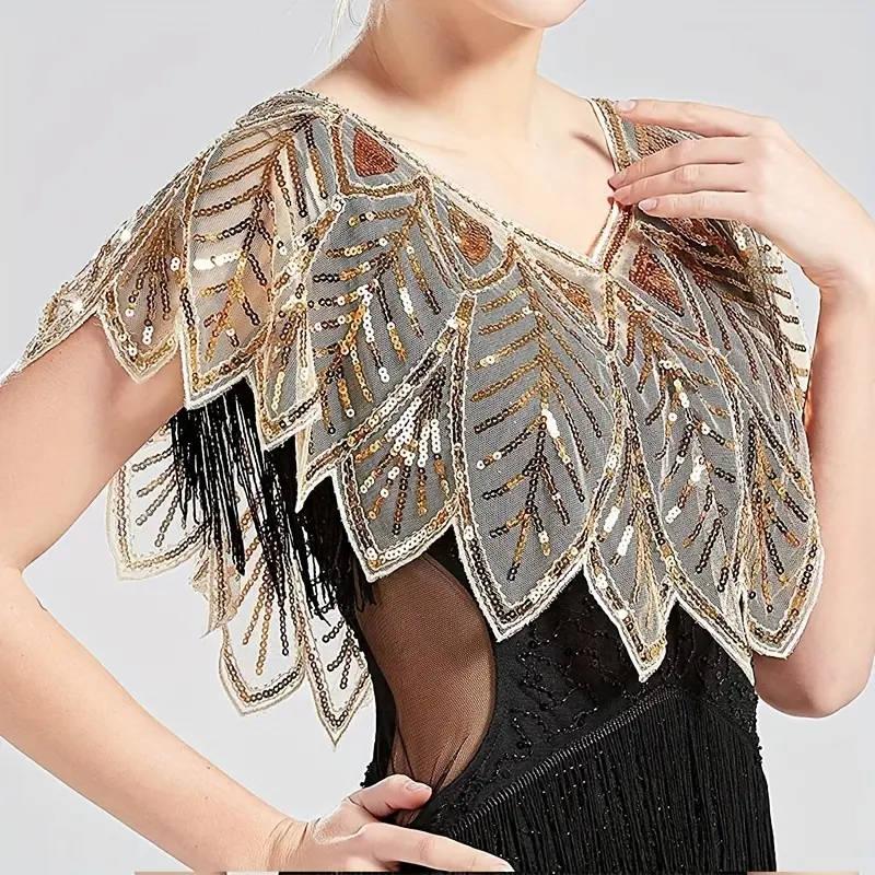 Women's 1920s Sequin Shawl, Beaded Polyester Capelet with Embroidered Stripes and Elastic Fit for Parties, Embroidery, Female, Party, One Size, Fashion