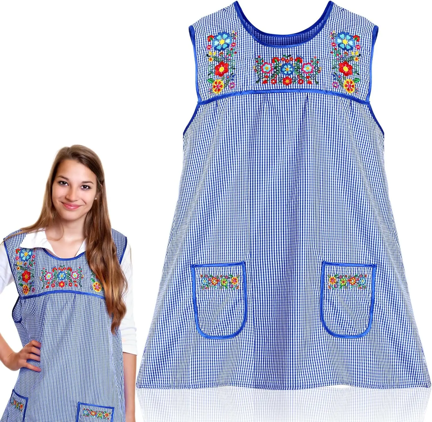 Traditional Mexican Apron Beautiful Flower Embroidery Apron for Women with Pockets Mandiles Para Mujer Mexicanos Mandil