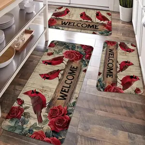 2/3pcs Christmas kitchen carpet floor mat, retro red bishop bird and rose pattern anti slip flannel soft floor mat, suitable for holiday kitchens, entrance doors, laundry rooms, bathrooms, living rooms, room Christmas decorations