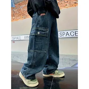 Boys' Baggy Jeans - Machine Wash Hand Wash, 7-15 Years. Multi-Pocket Cargo Pants for School Seasons & Holidays. Versatile Match with Hoodies, Sweaters Or Sneakers.